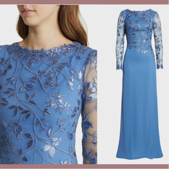 NWD $468 Tadashi Shoji‎ [ 14 ] Sequin Lace Long Sleeve Crepe Gown Cadet Blue - Picture 2 of 16